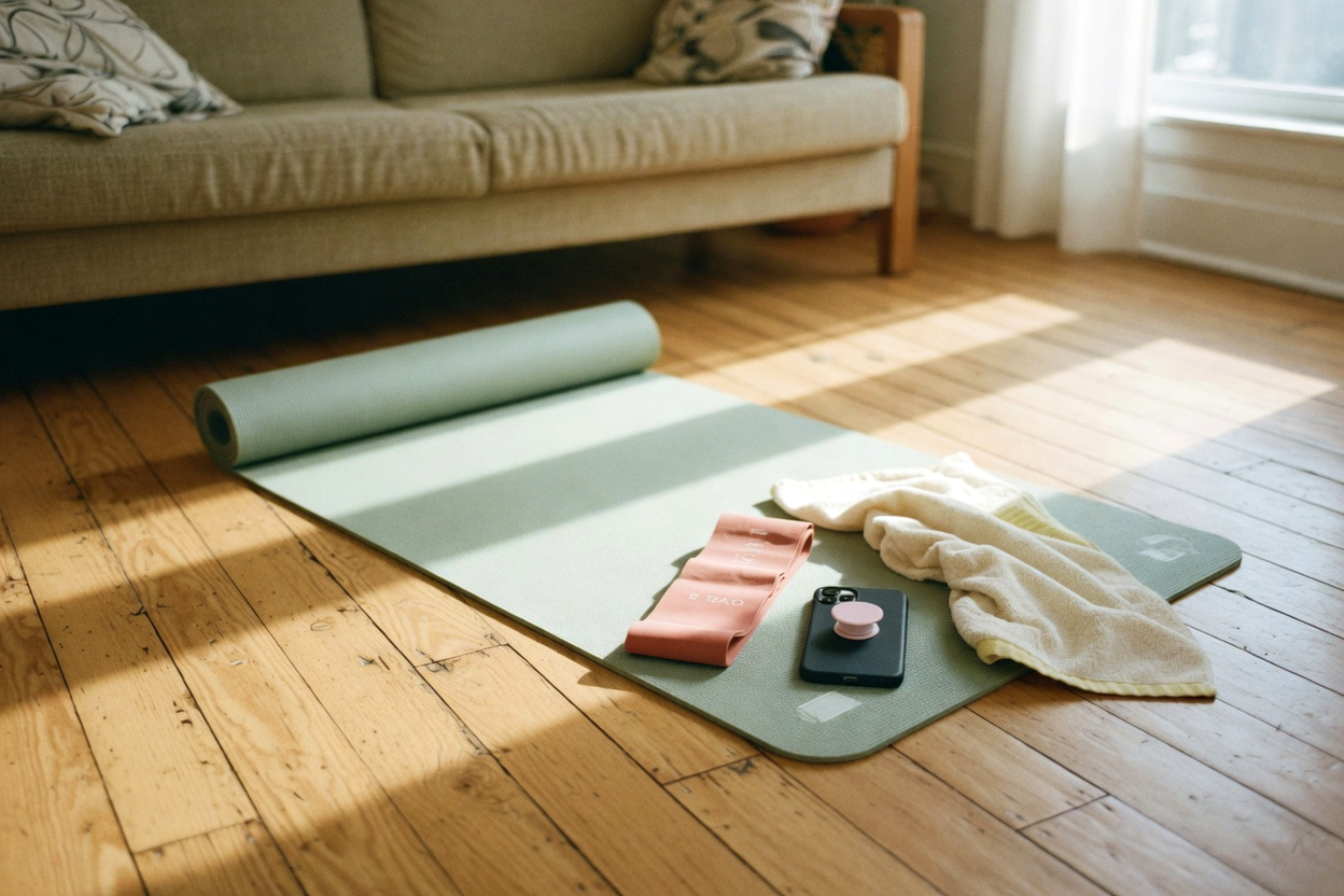 Smartphone und Trainingsmaterial für eine geführte Einheit zu Hause.