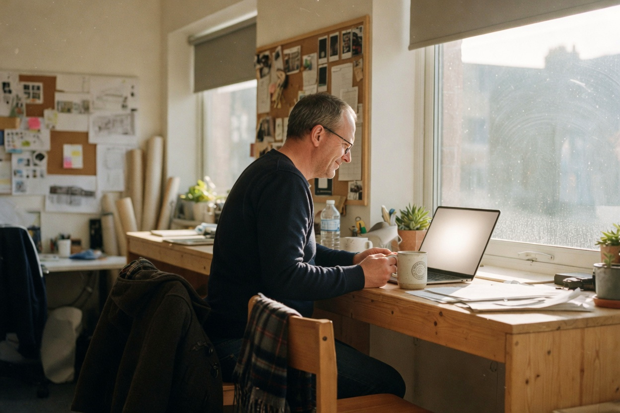 Kurzer Blick auf den Laptop vor dem nächsten Gespräch.