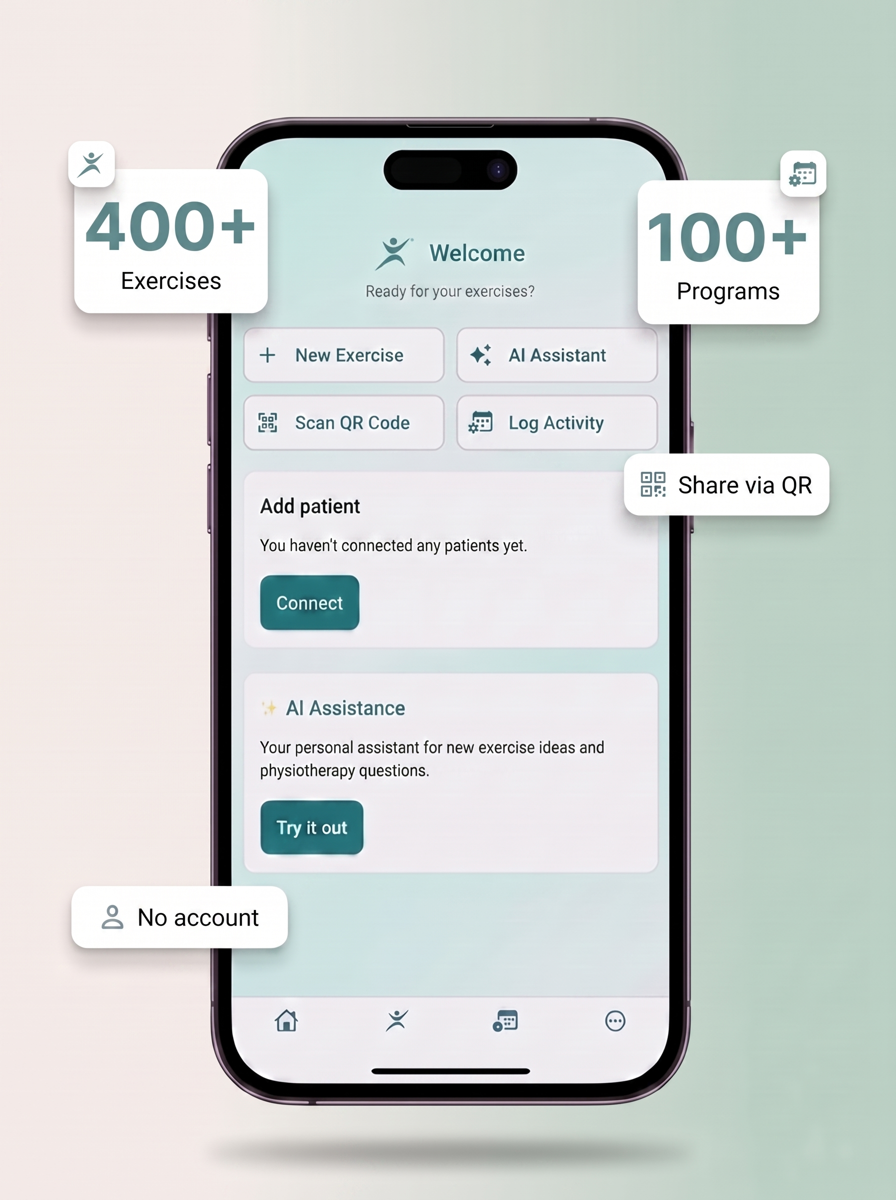 Floating Physiopass phone: 400+ Exercises, 100+ Programs, Share via QR, No account