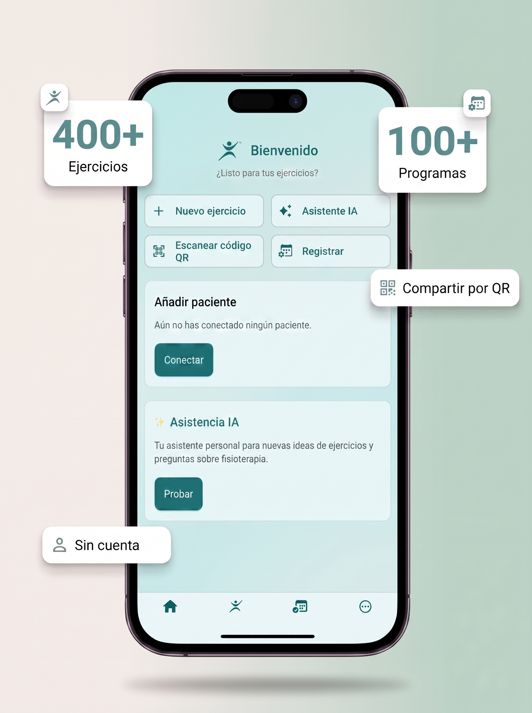 Móvil Physiopass flotante: 400+ Ejercicios, 100+ Programas, Compartir por QR, Sin cuenta